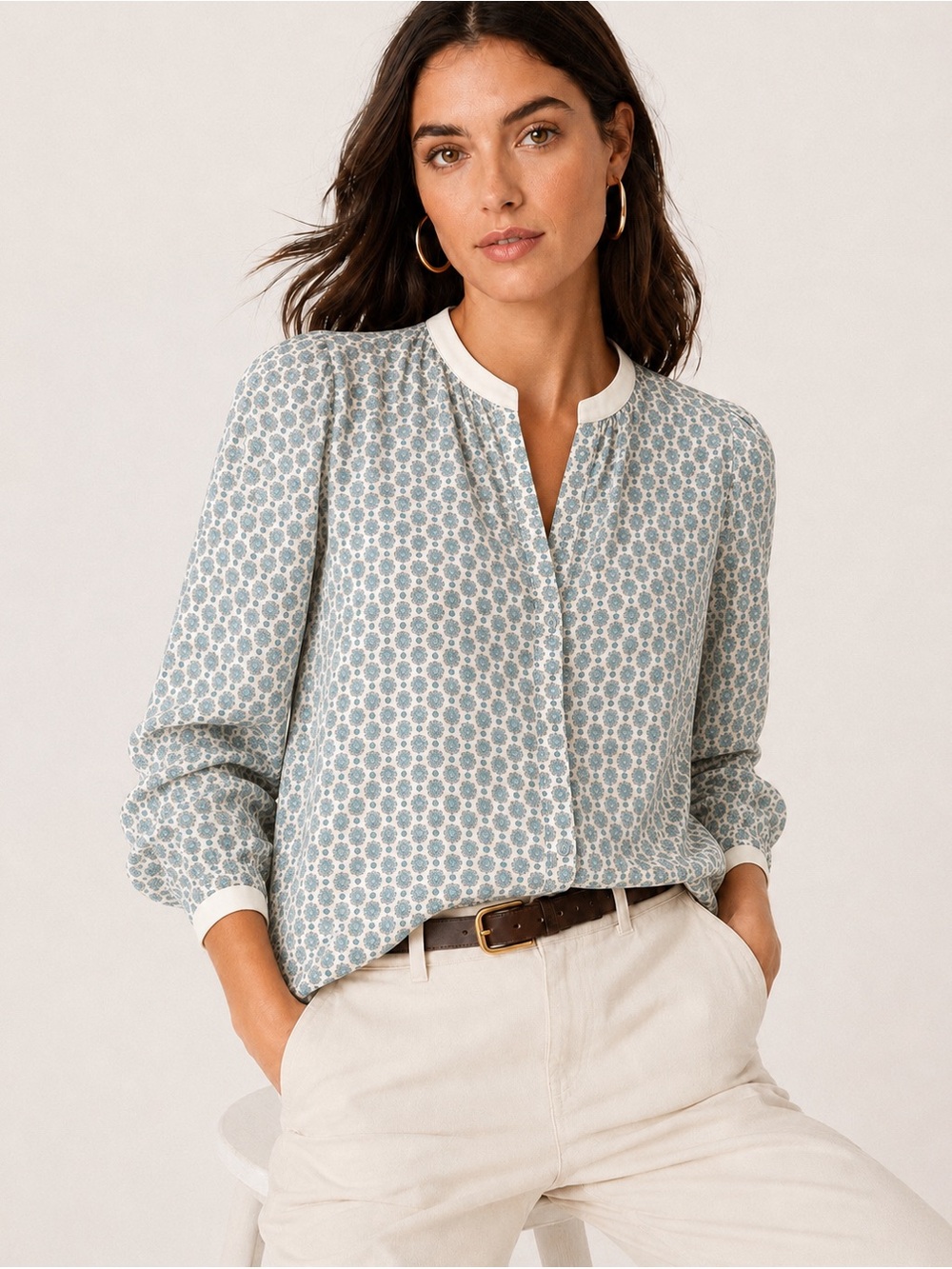 Zara 100% Mulberry Silk Floral Blouse M Ivory Teal Quiet Luxury Autumn Chic Fall